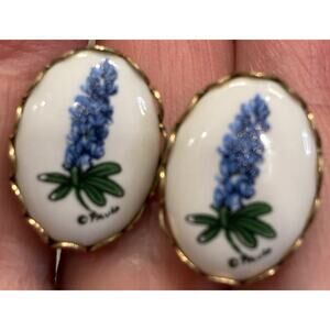 Vintage Paula Signed Hand Painted Porcelain Texas Bluebonnet Clip-On Earrings